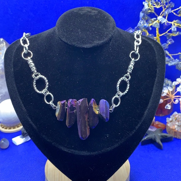 InfiniteSpiralDesigns Jewelry - Purple & Gold Titanium Quartz Power Point Necklace 14” Clavicle Length, Handmade